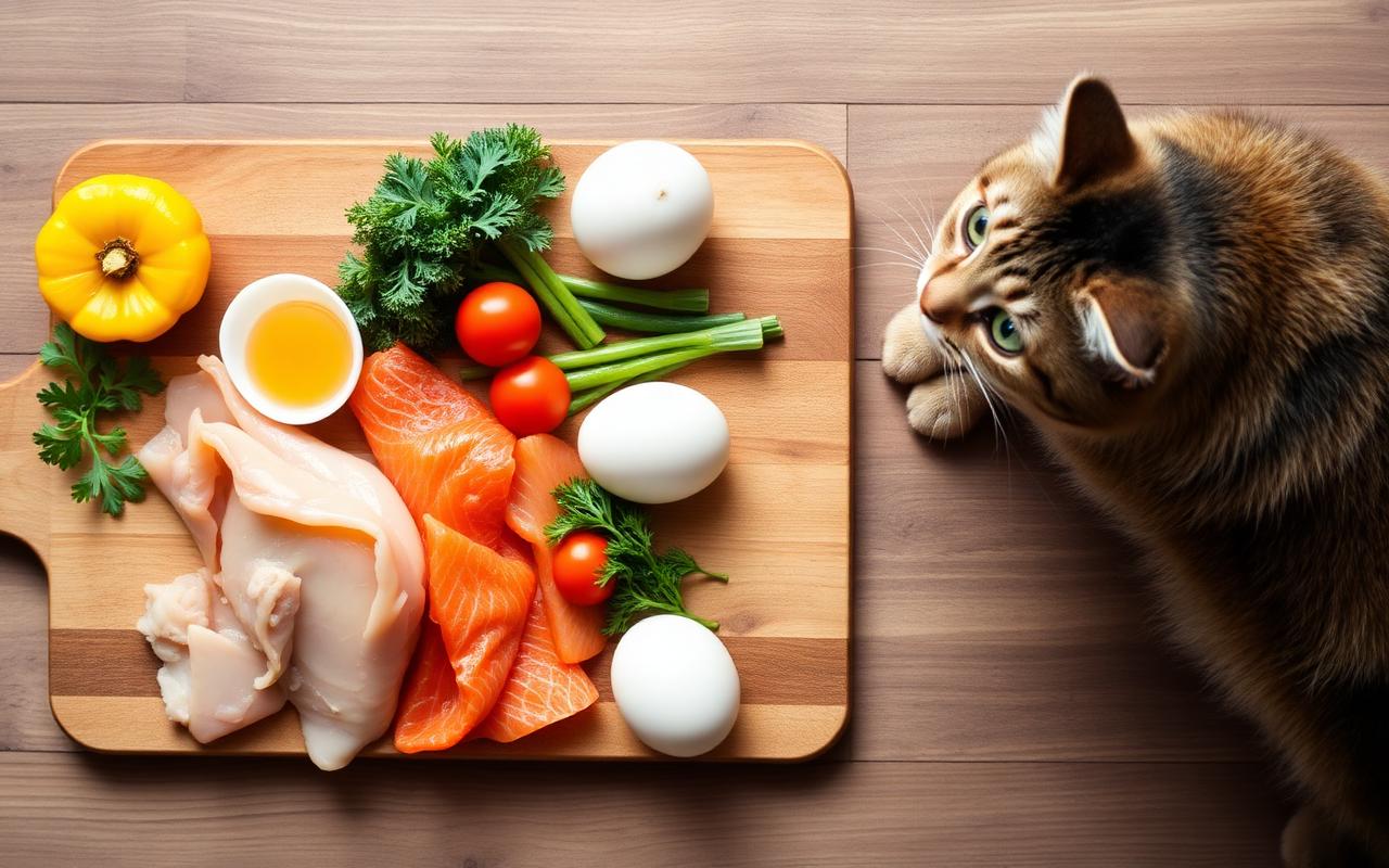 Nguyên liệu thức ăn tự nhiên cho mèo gồm gà, cá hồi, trứng và rau củ trên thớt gỗ