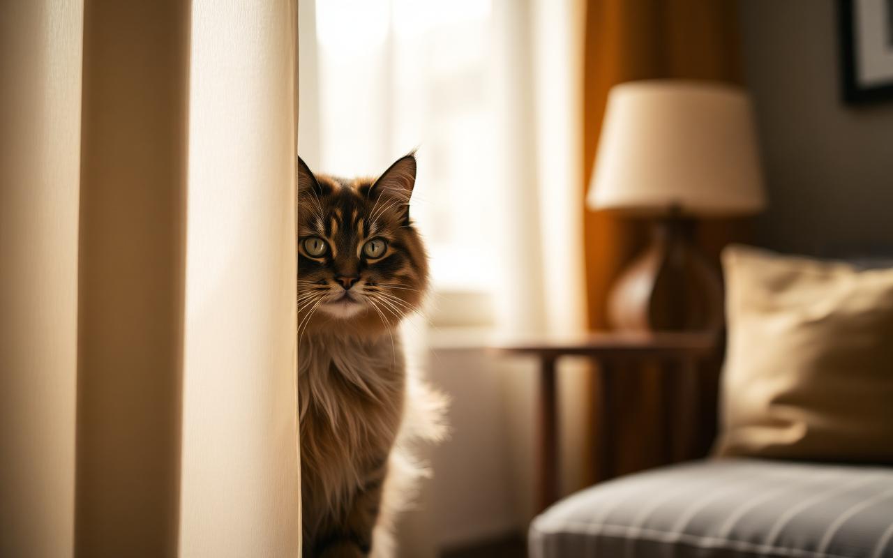 Mèo Ragdoll lông dài thận trọng núp sau rèm cửa trong phòng khách ấm cúng