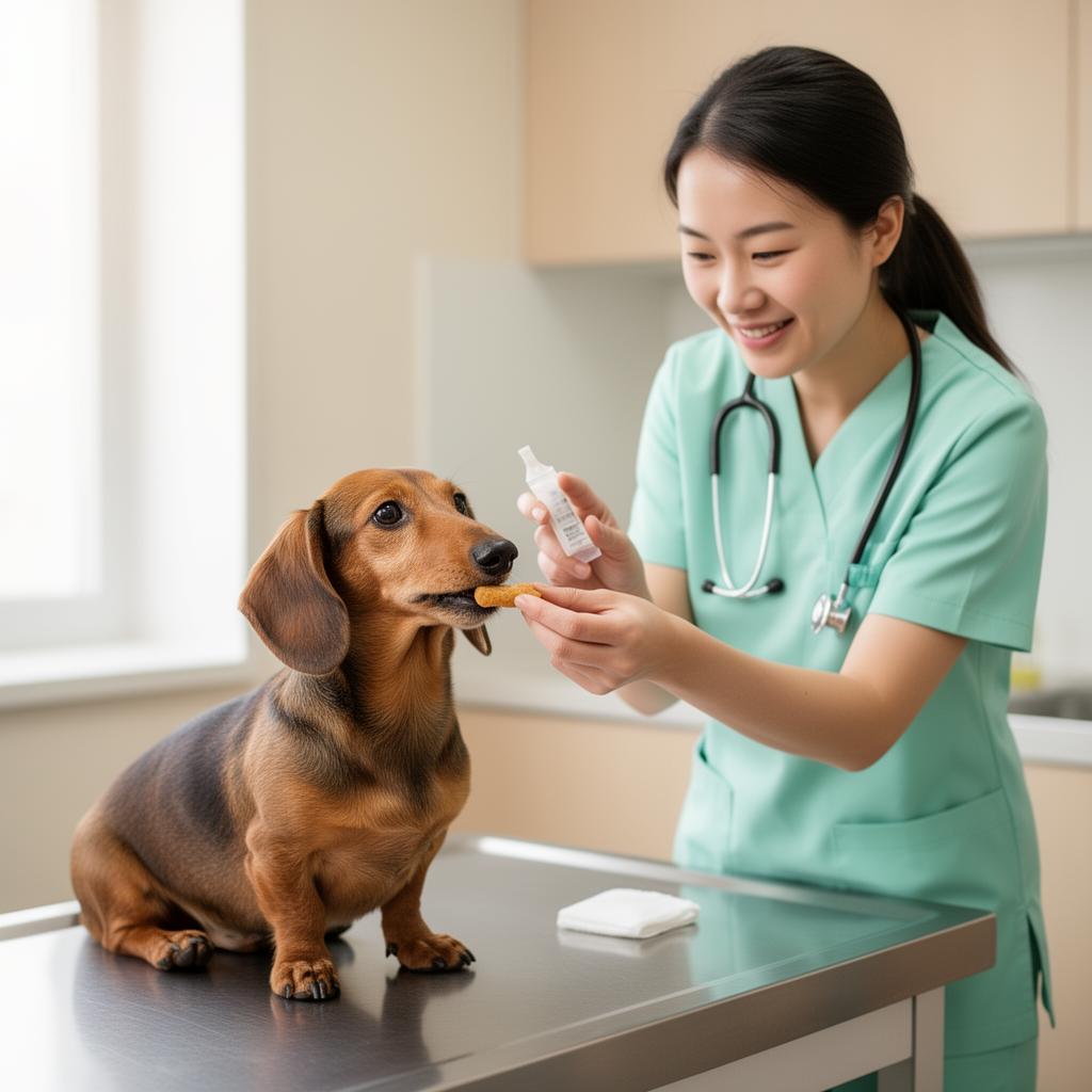 Cô gái Việt Nam dịu dàng cho chó Dachshund nâu uống thuốc tẩy giun trong bếp