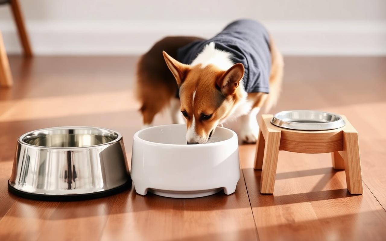 Ba loại bát ăn cho chó - inox, gốm trắng và bát gỗ nâng cao - với chó Corgi