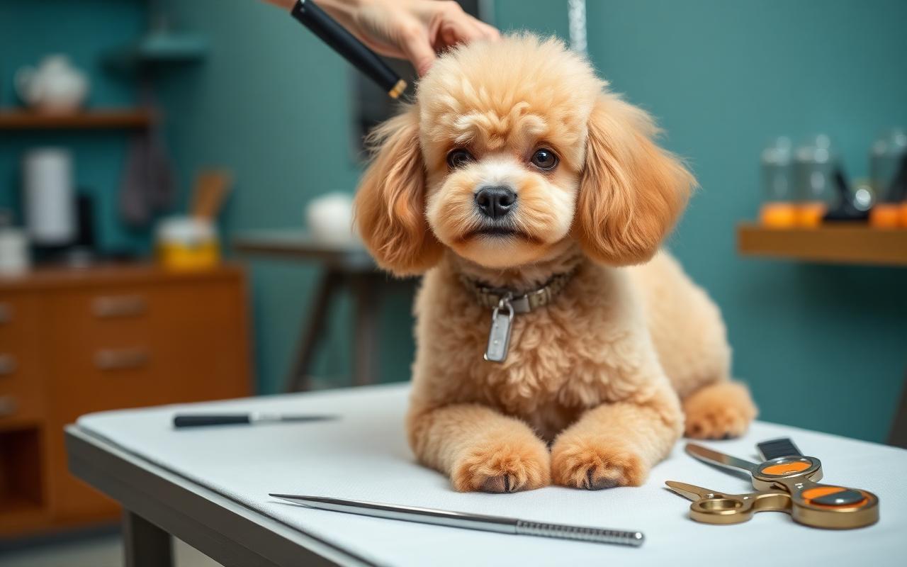 Chó Poodle apricot được chải tỉa lông trên bàn grooming với dụng cụ chuyên dụng