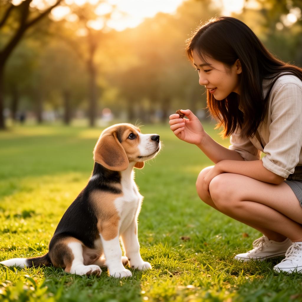 Cô gái trẻ huấn luyện chó Beagle con nhận thưởng treat trên thảm cỏ