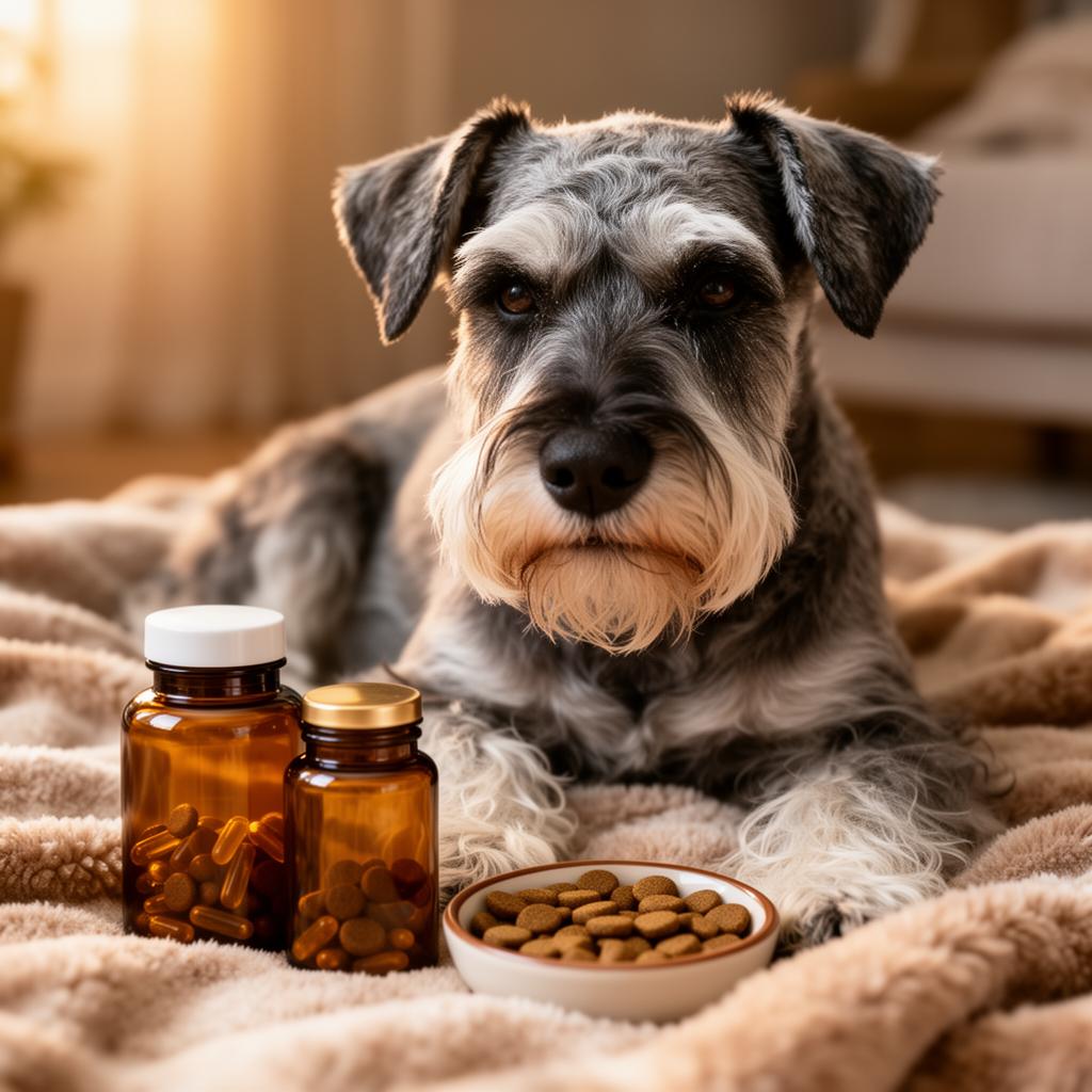 Chó Shih Tzu già lông xám nằm thư giãn bên cạnh các lọ vitamin và bát hạt